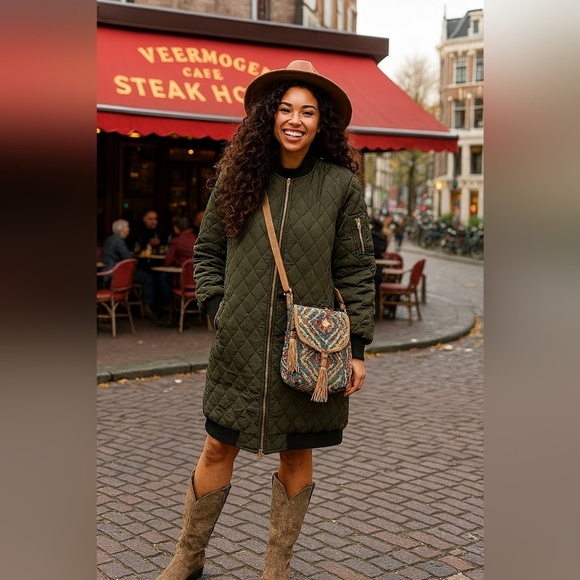 Retro Puffer Large Grandpa Quilted Olive Green Longline Retro Urban Barn Jacket